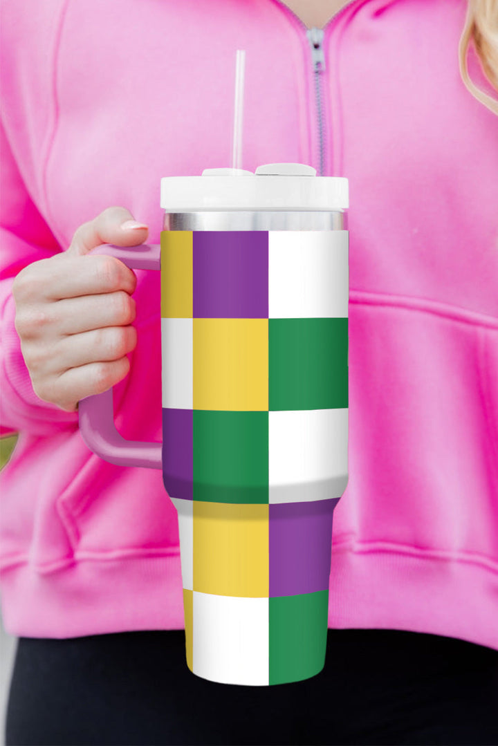 Mardi Gras Checkered Print Handle Large Tumbler 40oz