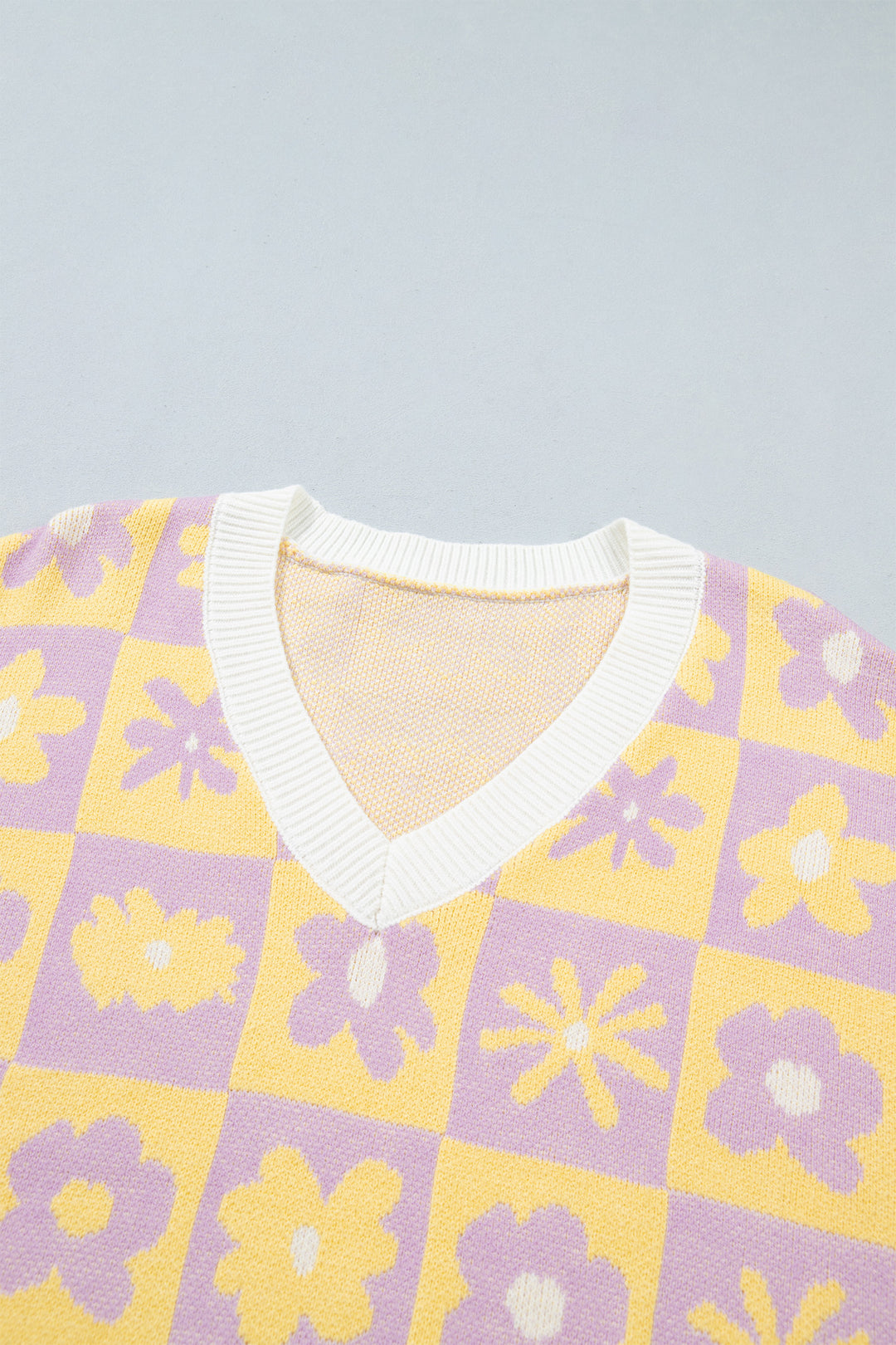 Multicolour V Neck Plaid Floral Long Sleeve Plus Size Sweater