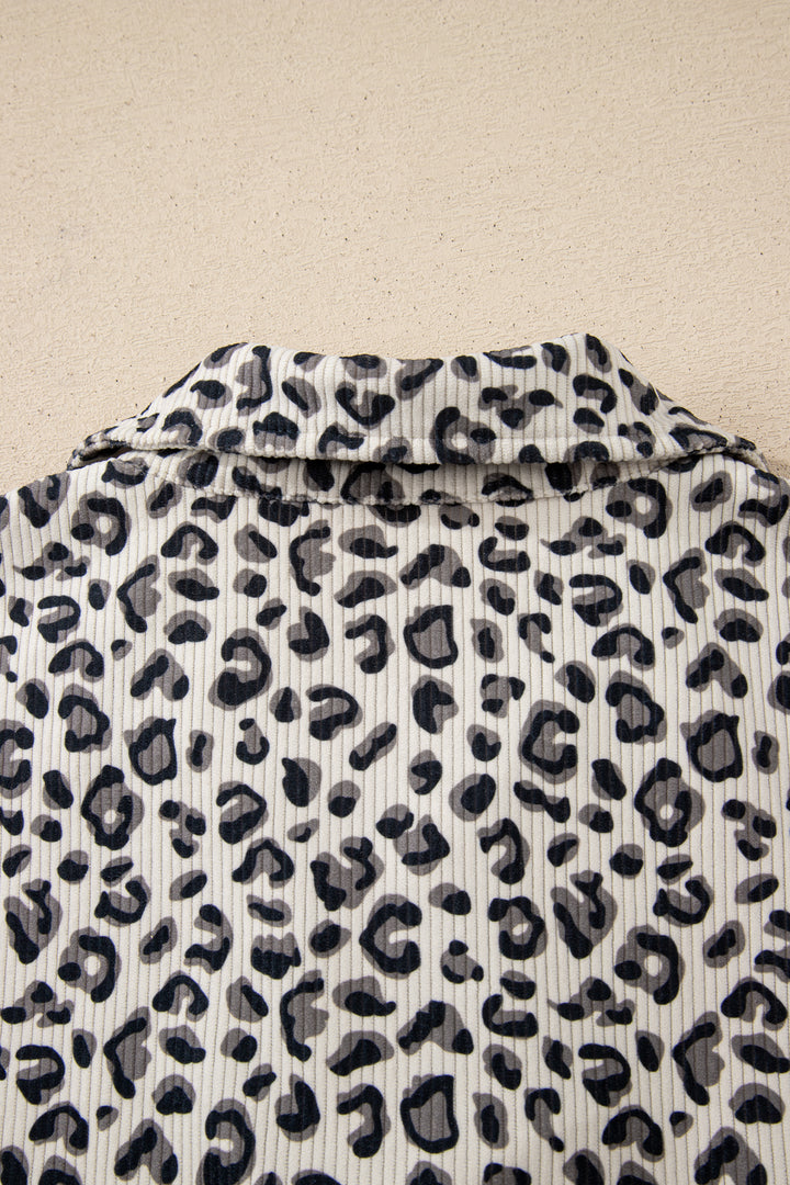 Beige Leopard Print Quarter Zip Corduroy Sweatshirt