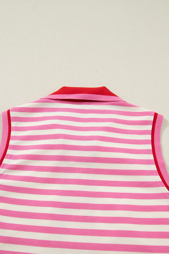 Sachet Pink Textured Stripe Print Zip Collar Sleeveless 2pcs Skort Set