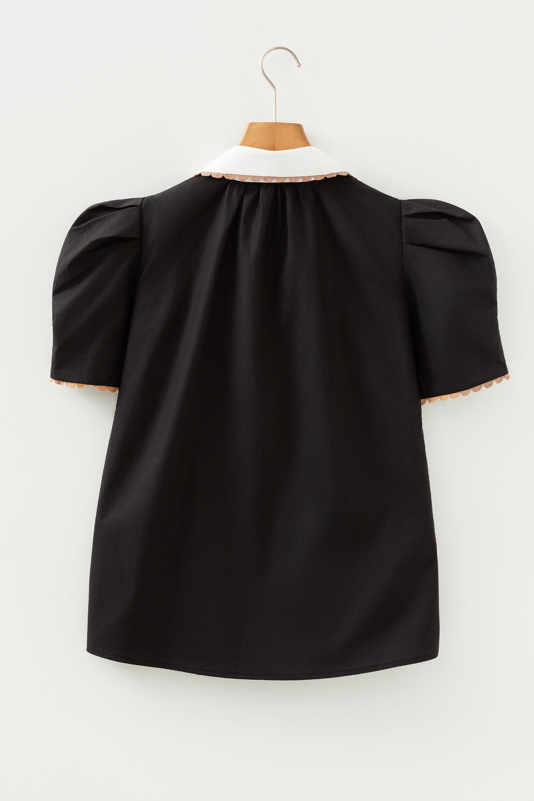 Ricrac Trim Color Block Patchwork Shirt Collar Short Sleeve Blouse