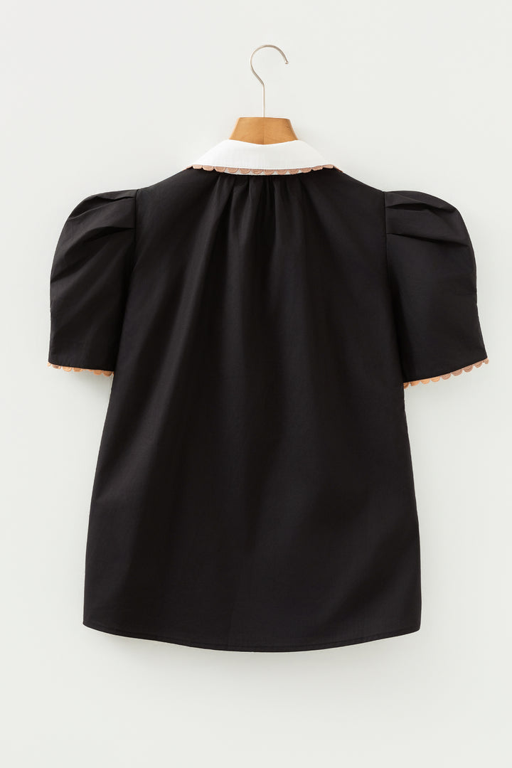 Ricrac Trim Color Block Patchwork Shirt Collar Short Sleeve Blouse
