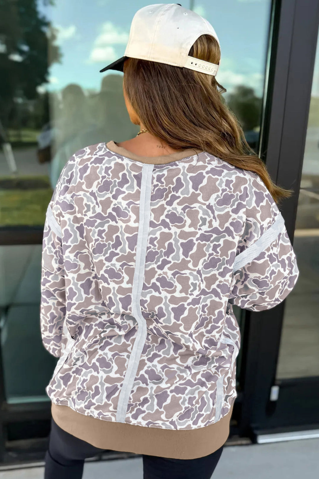 Khaki Camouflage Print Textured Knit Color Block Trim Long Sleeve Top