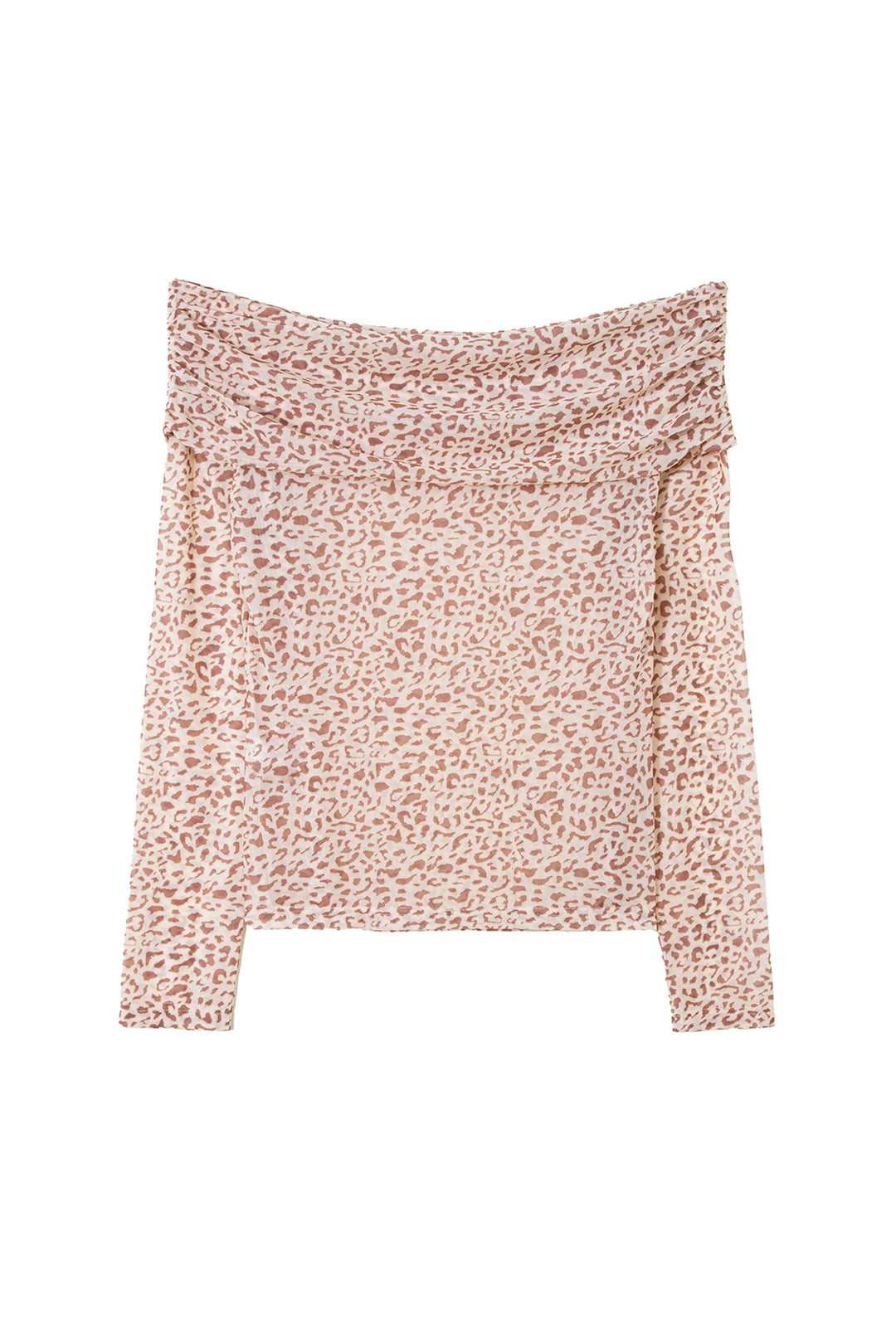 Brown Leopard Print Foldover Off Shoulder Long Sleeve Mesh Top