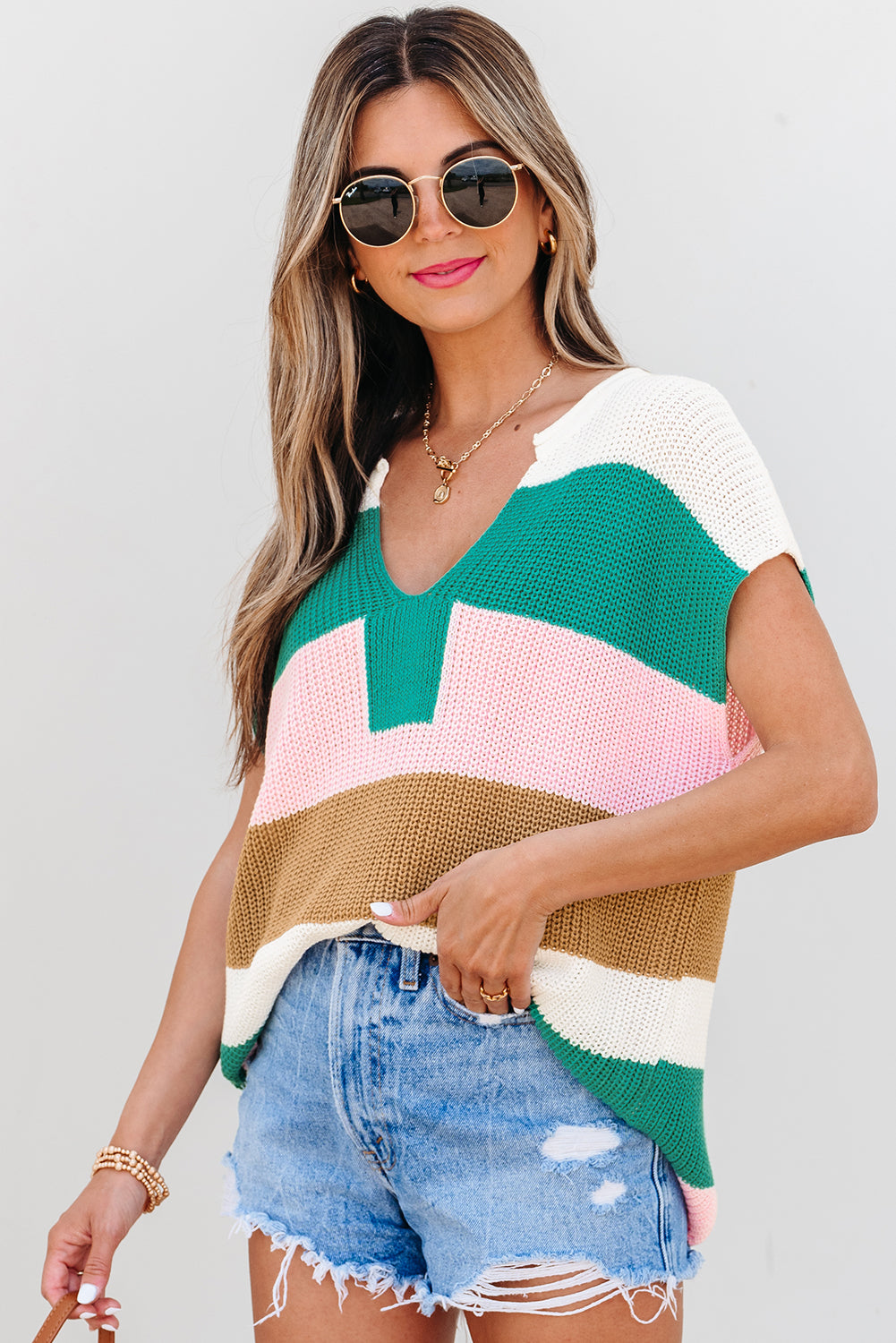 Color Block Notch V Neck Sweater T Shirt