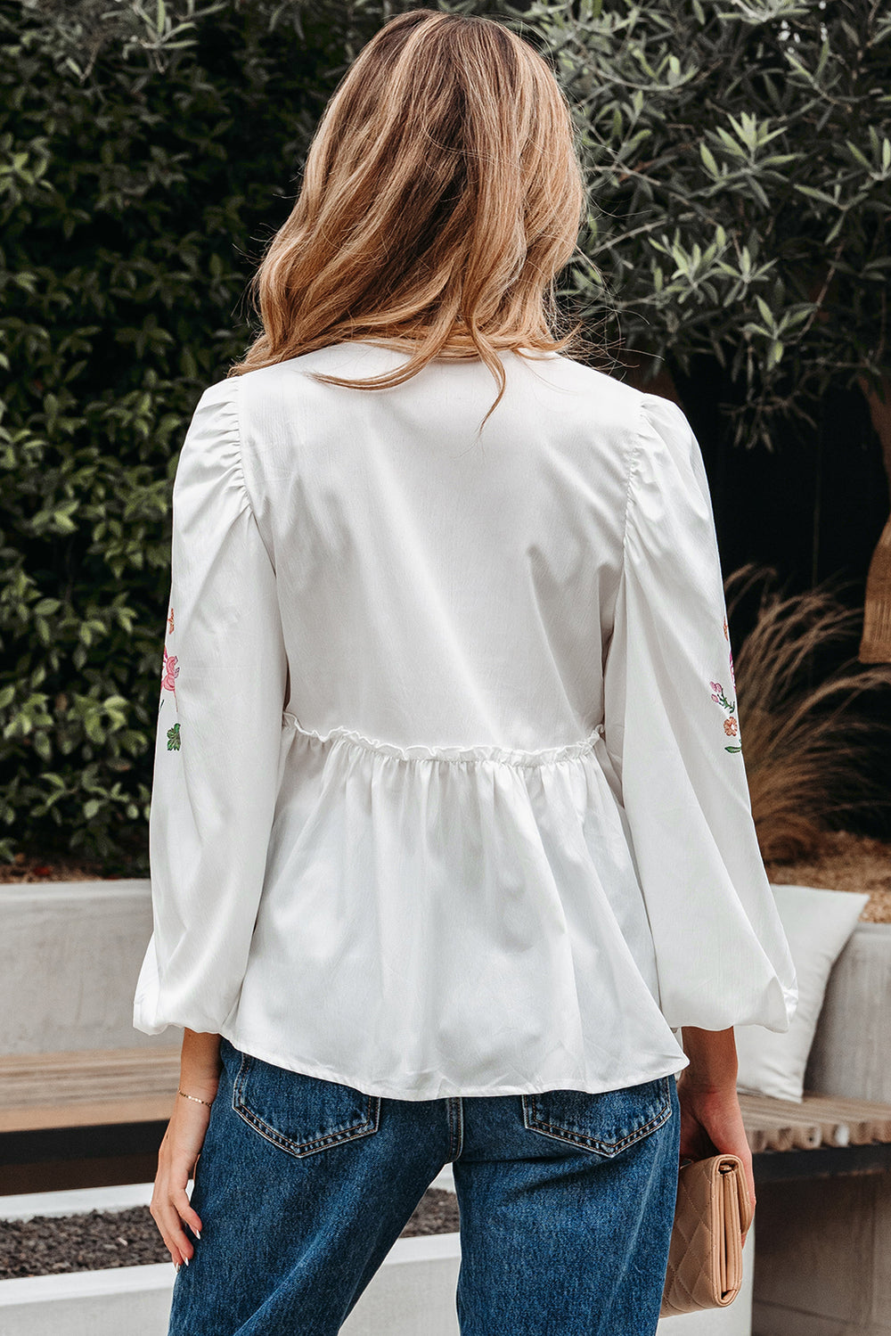 Flower Print Lace-up V Neck Babydoll Blouse