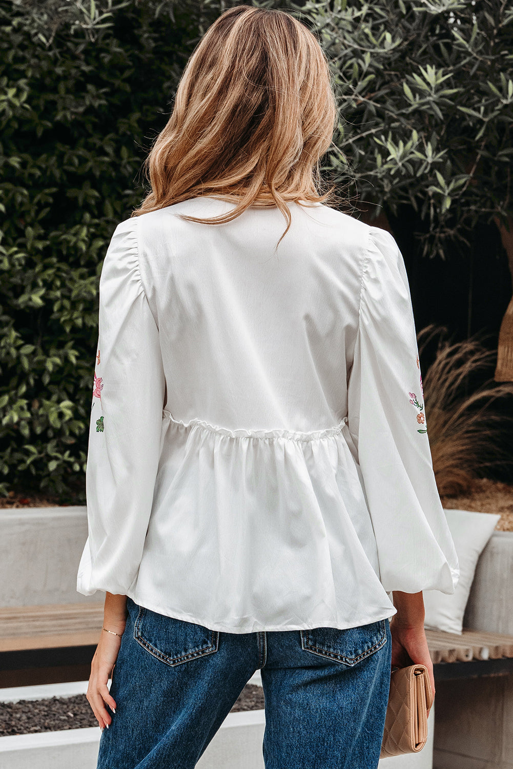 Flower Print Lace-up V Neck Babydoll Blouse