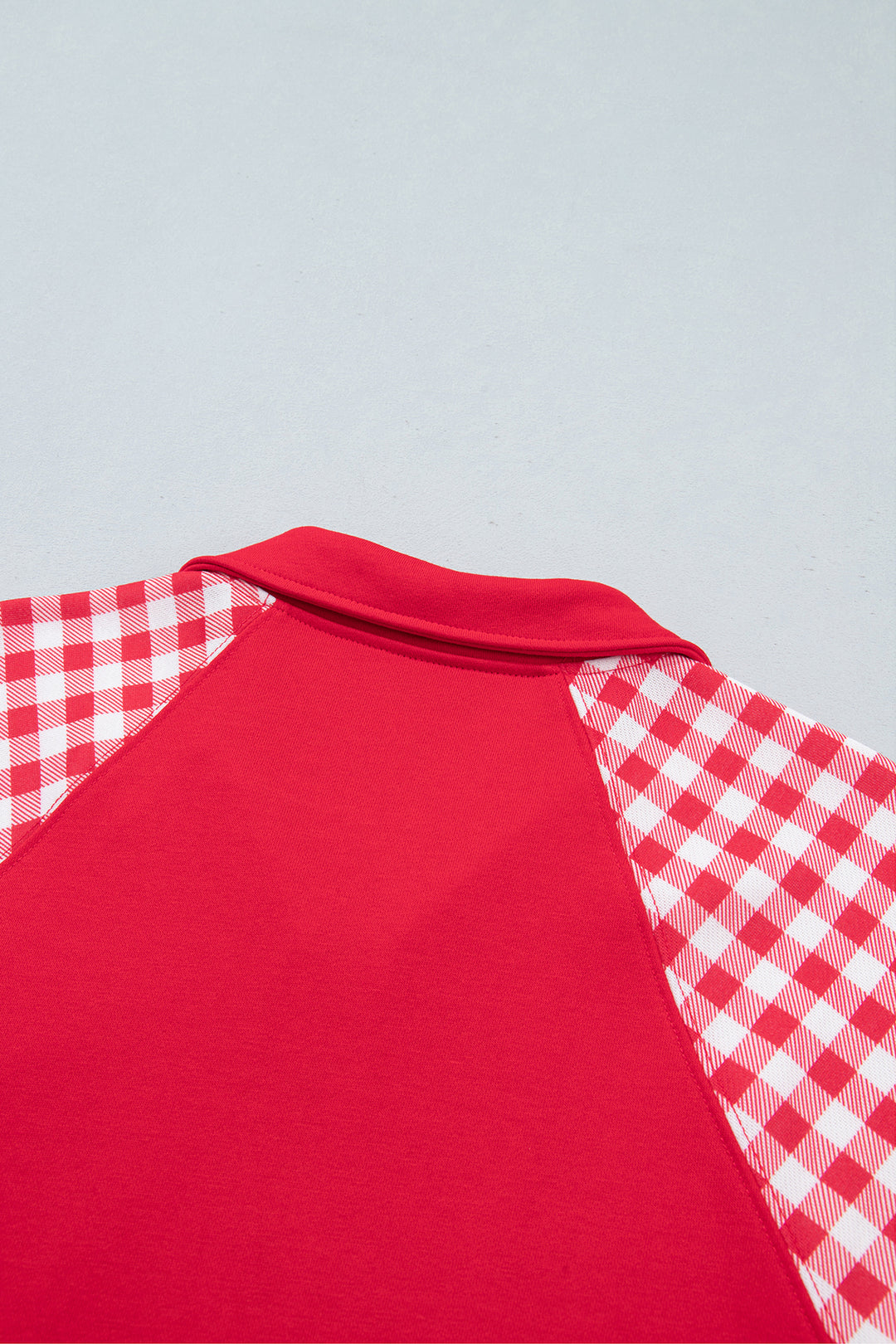 Racing Red Patchwork Plaid Pocket Quarter Zip Sweatshirt