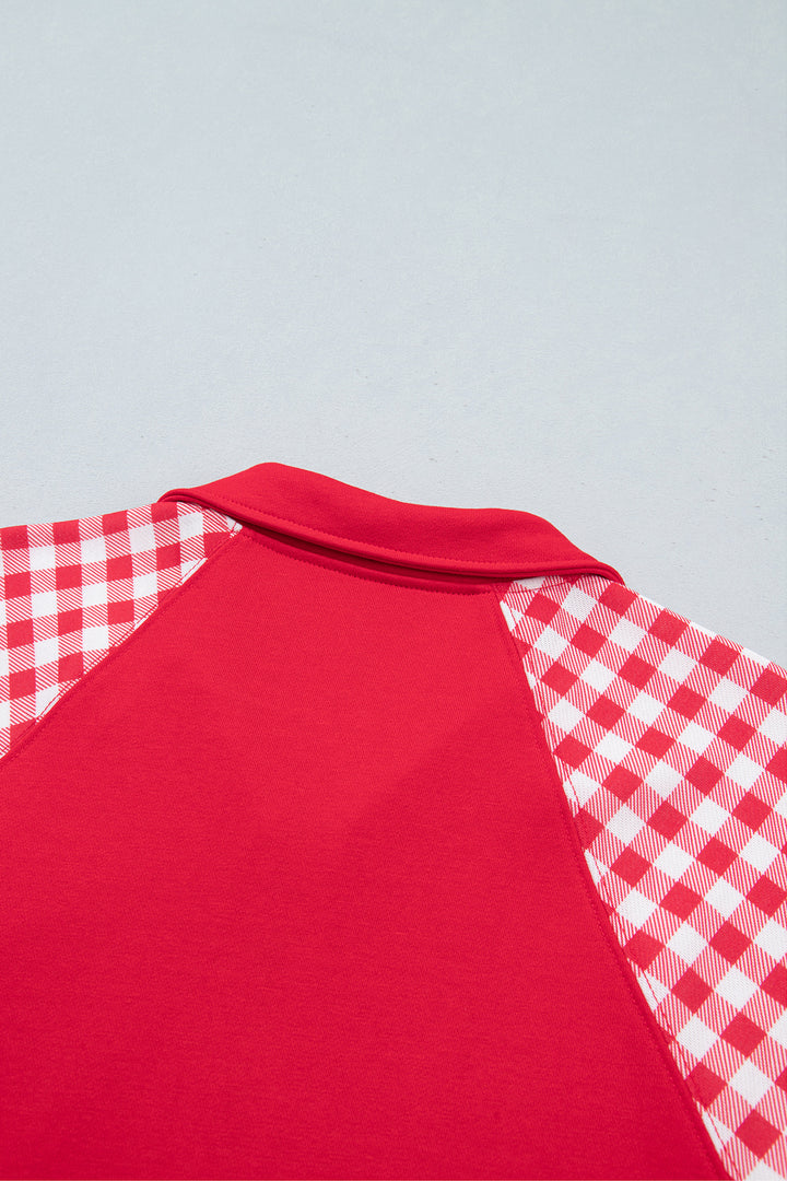 Racing Red Patchwork Plaid Pocket Quarter Zip Sweatshirt