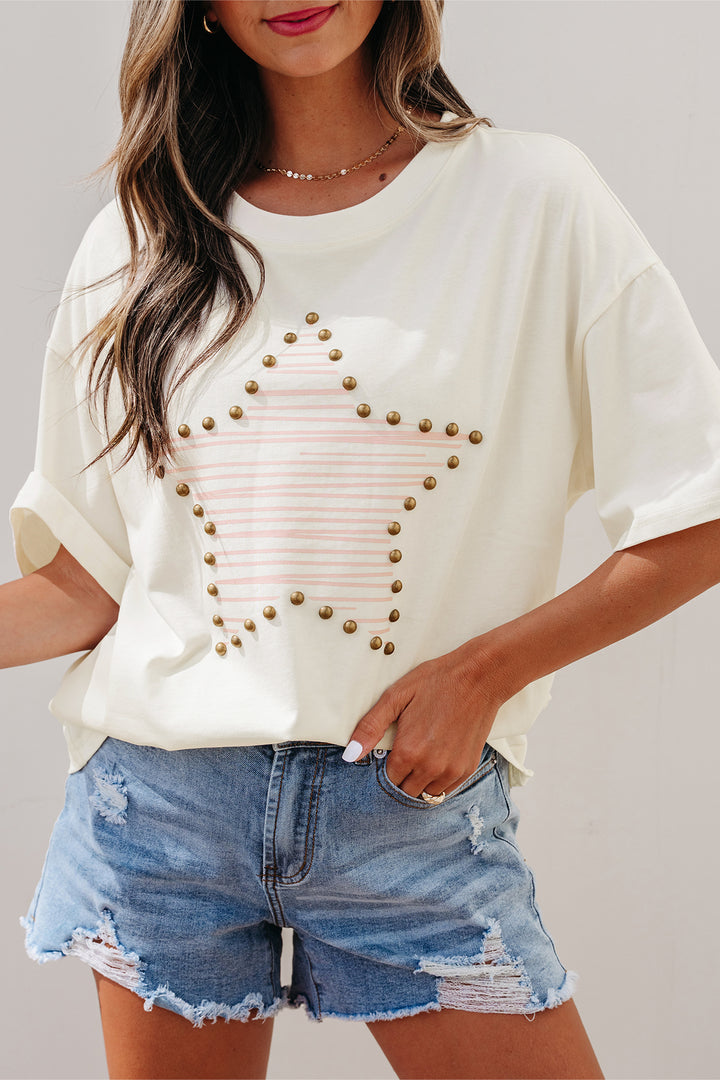 Cute Beige Star Print Stud Detail Cotton Jersey Top