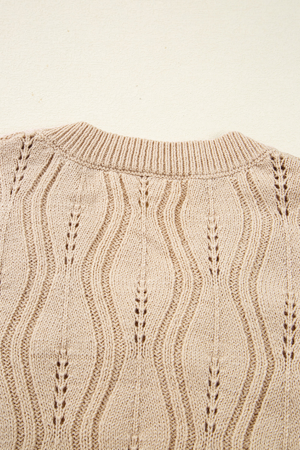 Pearl Beaded Pointelle Knit V Neck Lace Patchwork Sleeve Sweater