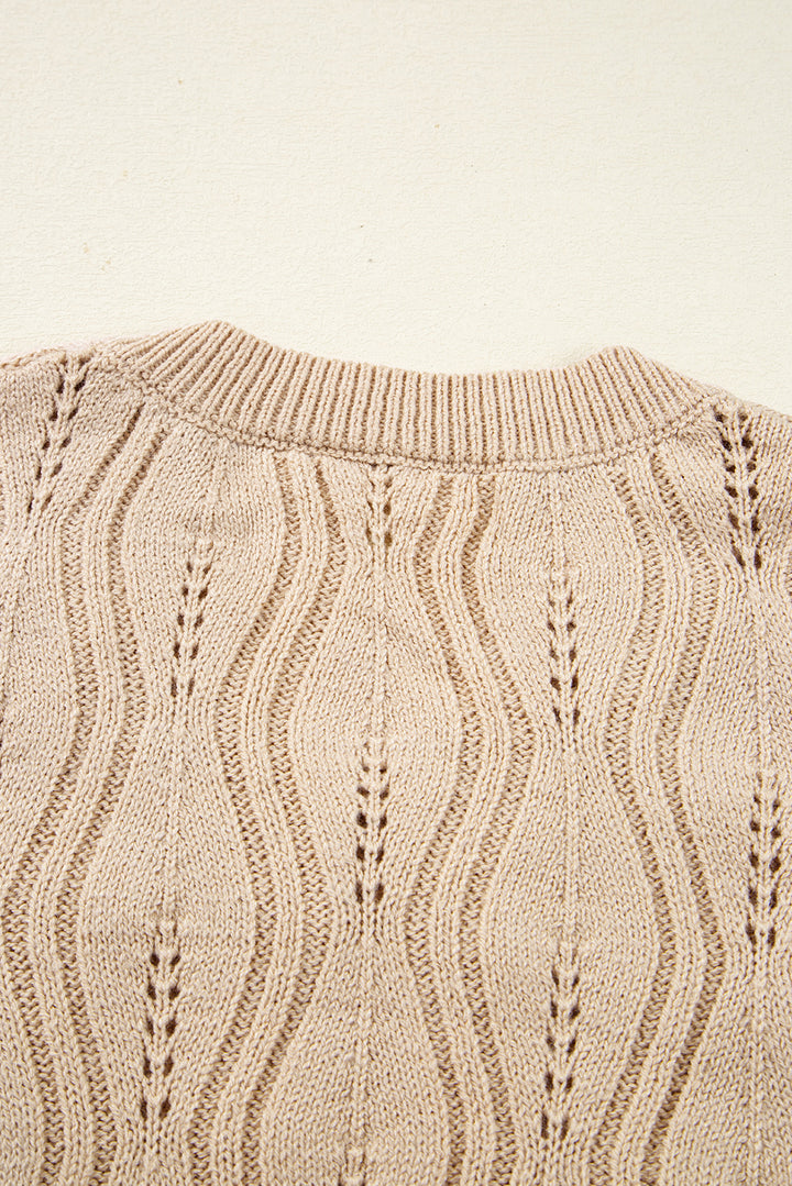Pearl Beaded Pointelle Knit V Neck Lace Patchwork Sleeve Sweater