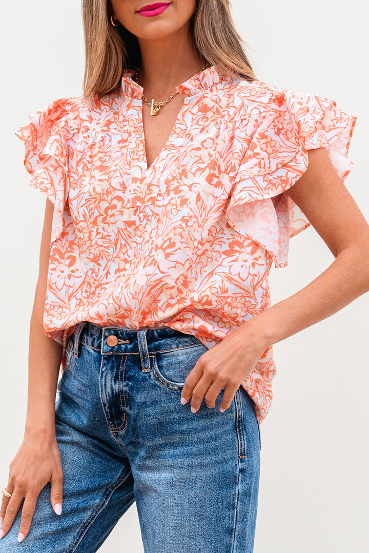 Floral Ruffle Sleeve Split Neck Blouse
