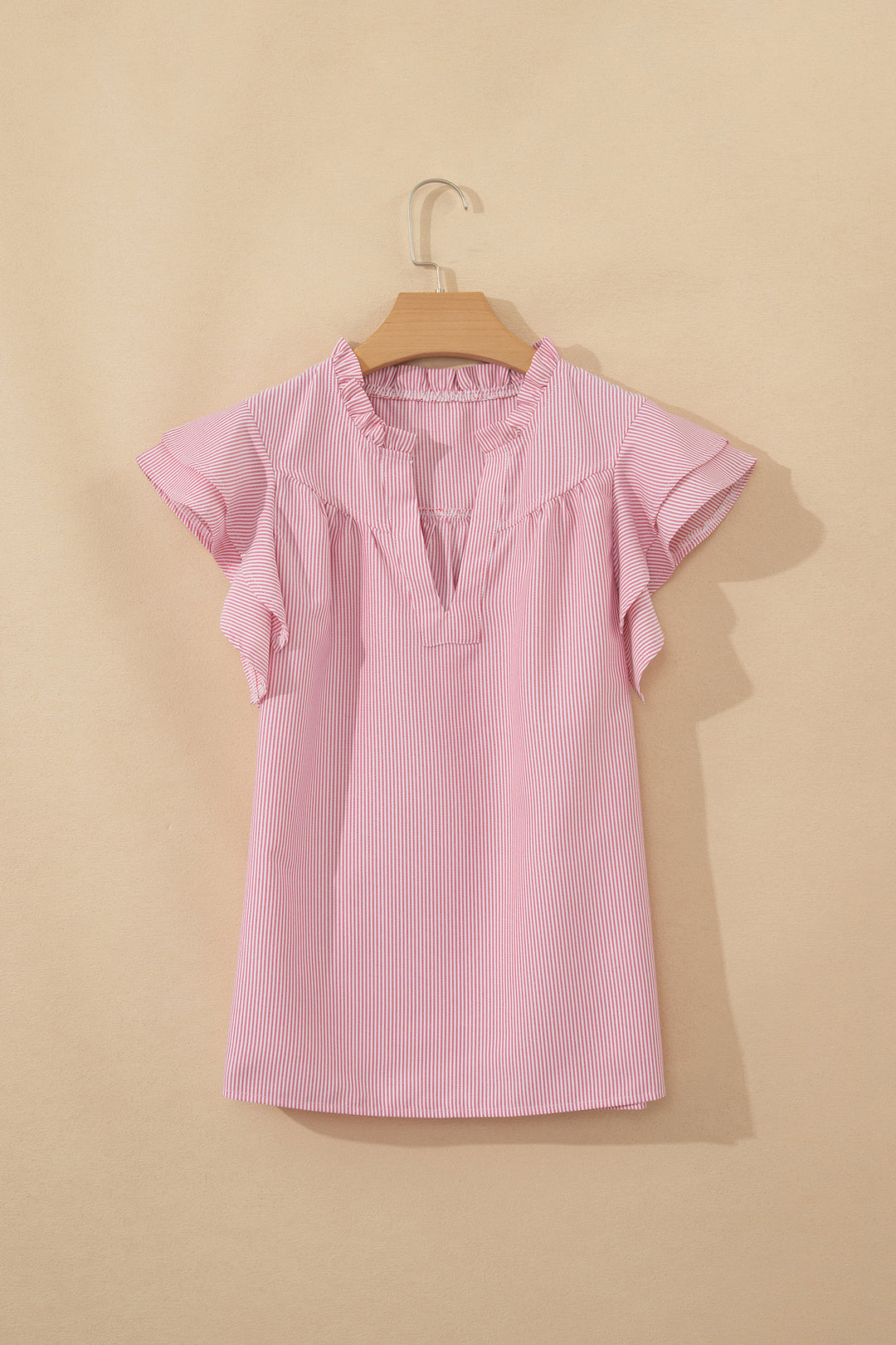 Red Stripe Frilly Split Neck Double Ruffled Short Sleeve Blouse