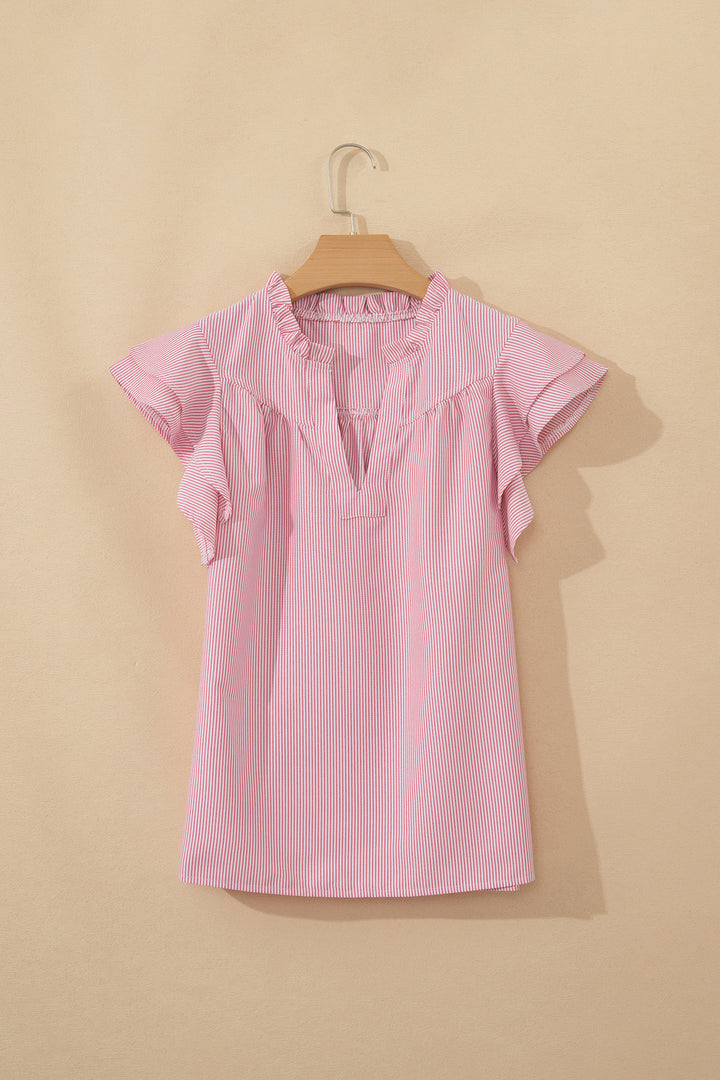Red Stripe Frilly Split Neck Double Ruffled Short Sleeve Blouse