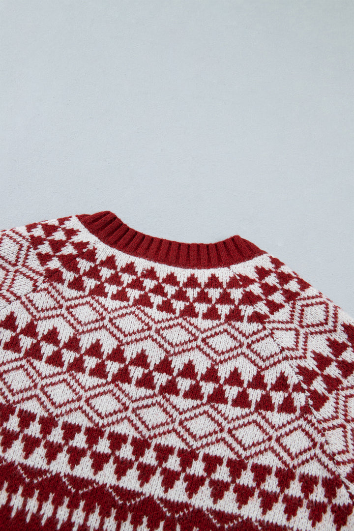 Red Geometric Print Button Front Long Sleeve Knitwear Cardigan