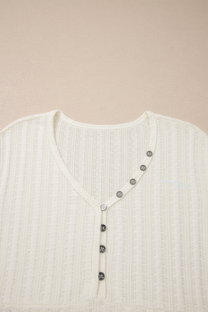 Solid Color Textured Button V Neck Raw Seam Henley Tee