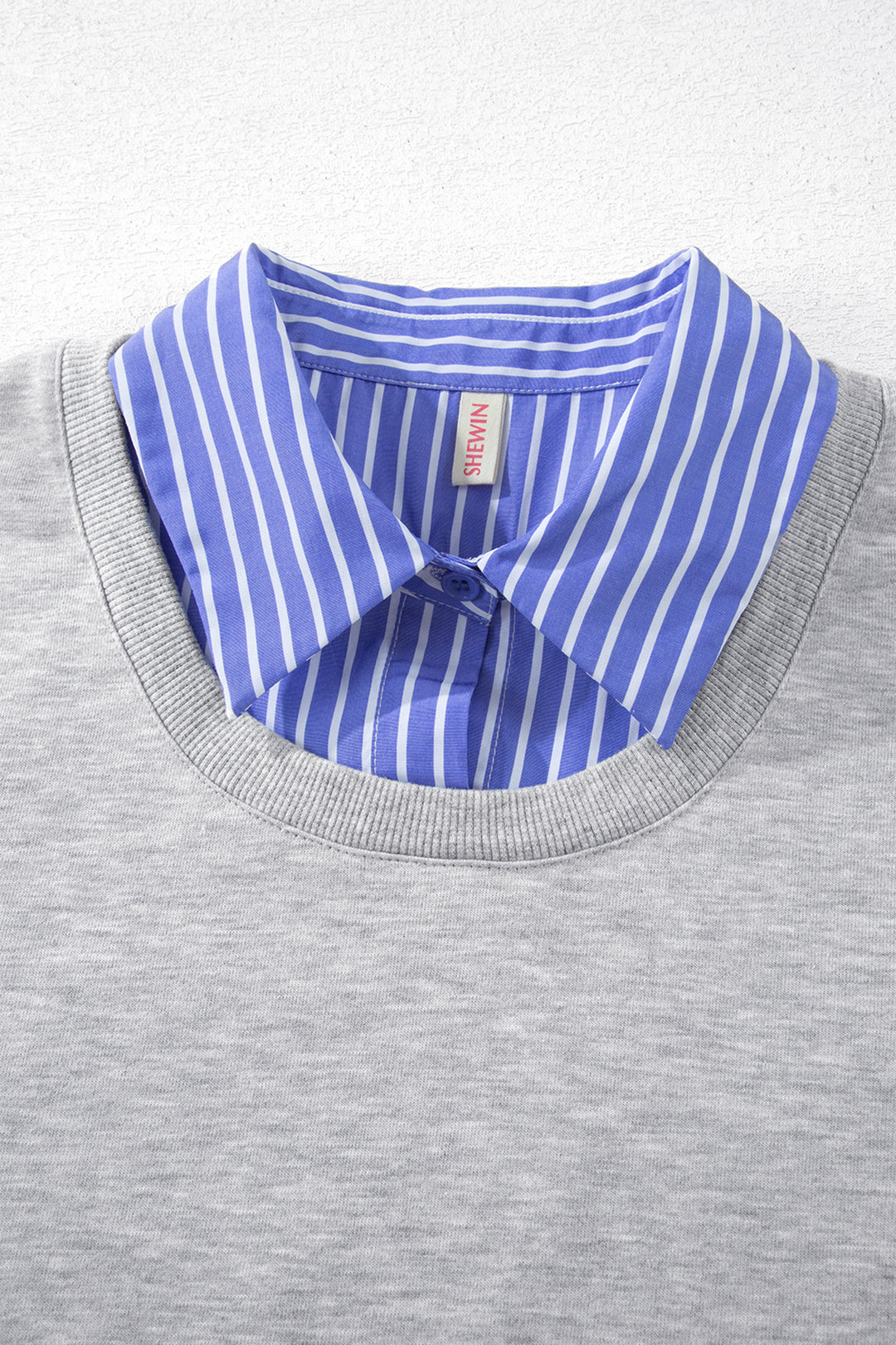 Light Grey Striped Collar 2-in-1 Patchwork Casual Loose Sweatshirt
