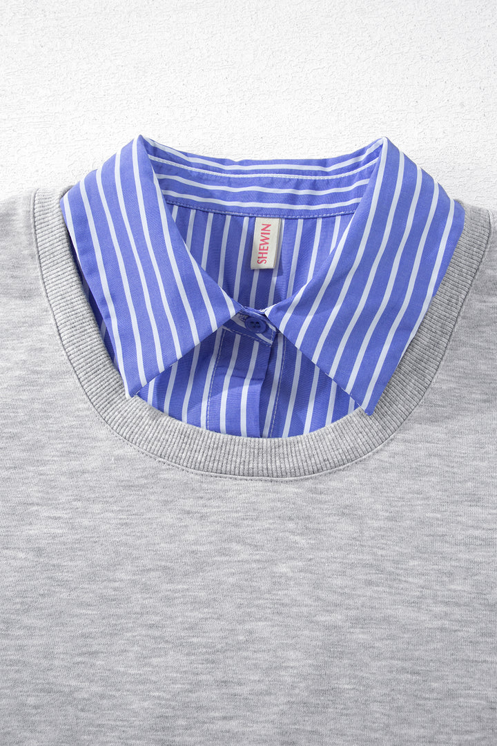 Light Grey Striped Collar 2-in-1 Patchwork Casual Loose Sweatshirt