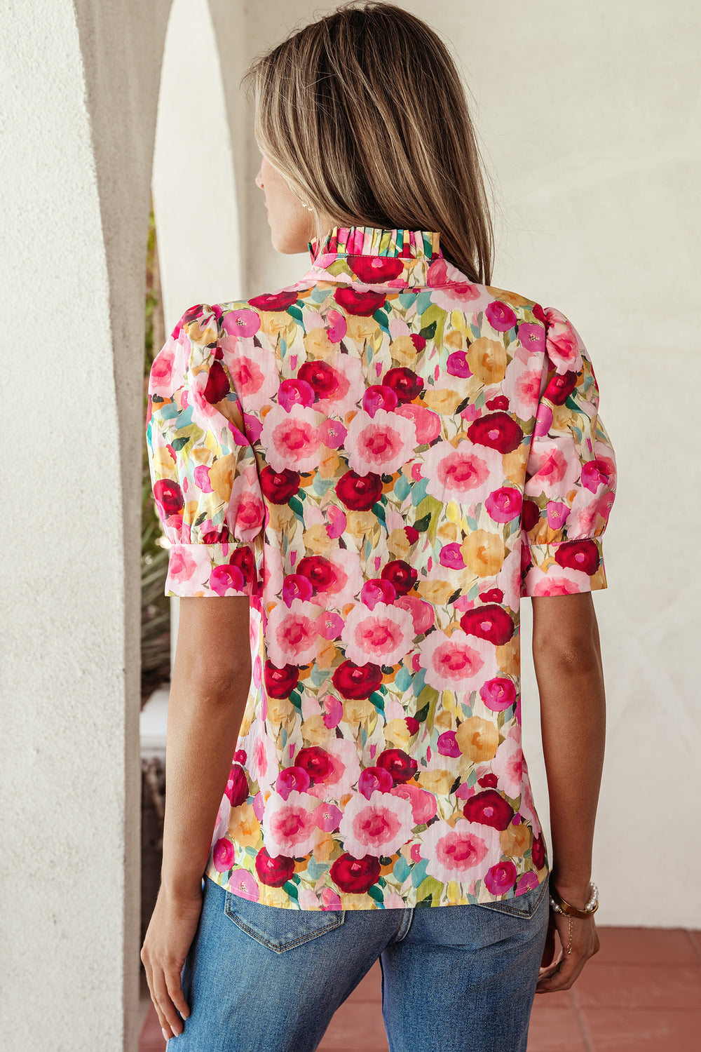 Floral Frilled V Neck Puff Short Sleeve Blouse