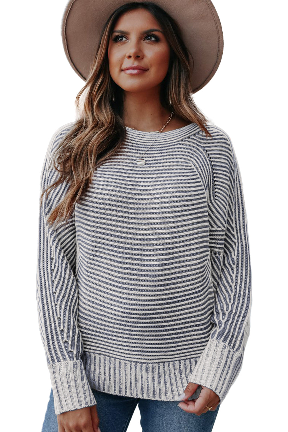 Striped Print Ribbed Knit Boat Neck Baggy Sweater