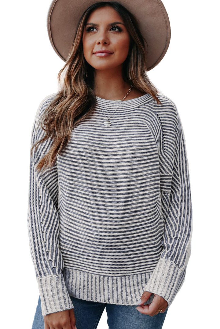 Striped Print Ribbed Knit Boat Neck Baggy Sweater