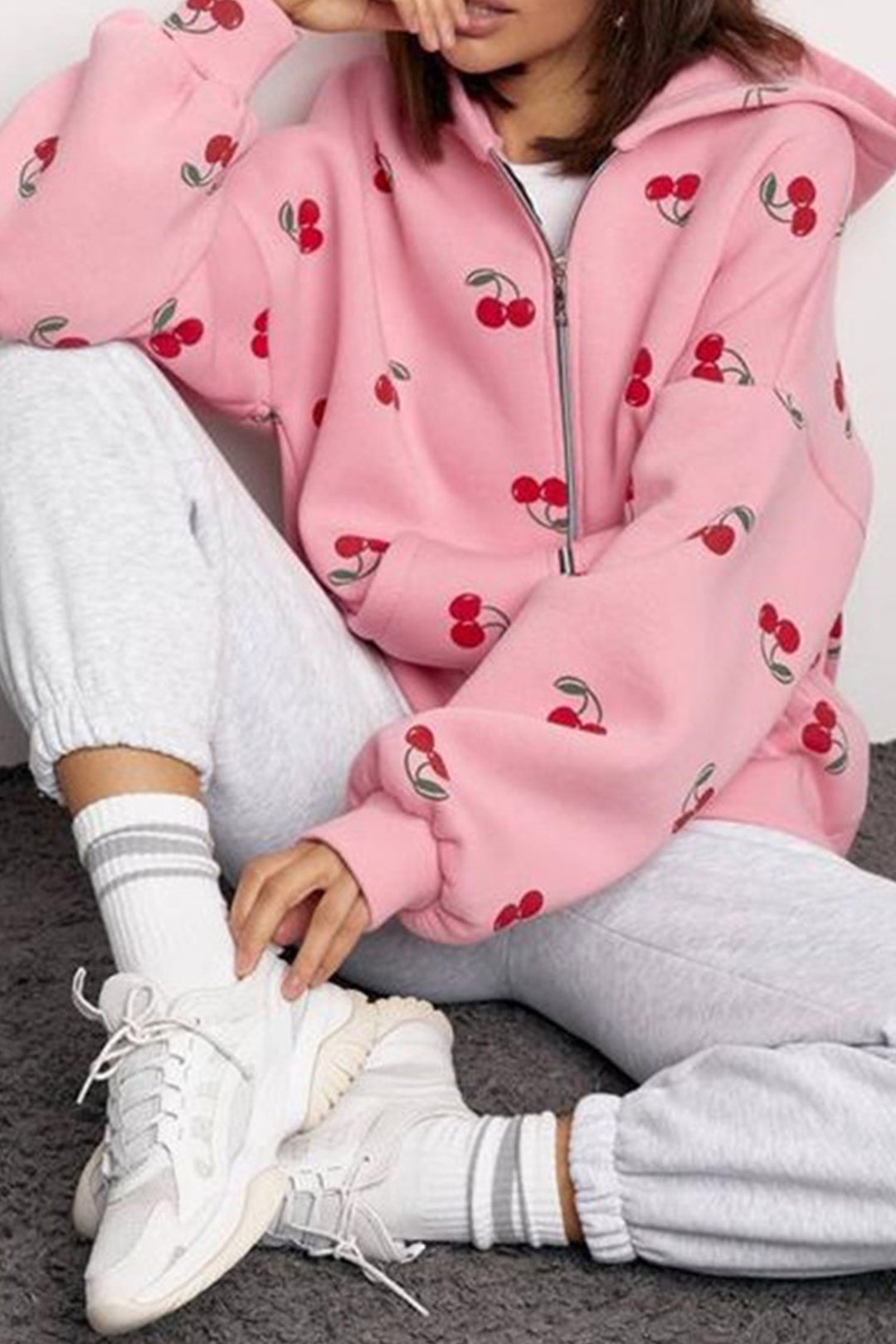 Pink Cherry Print Zip Up Pocketed Hoodie Jacket