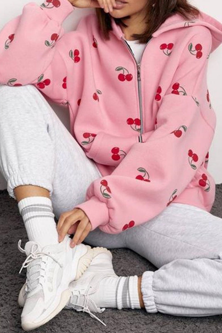 Pink Cherry Print Zip Up Pocketed Hoodie Jacket