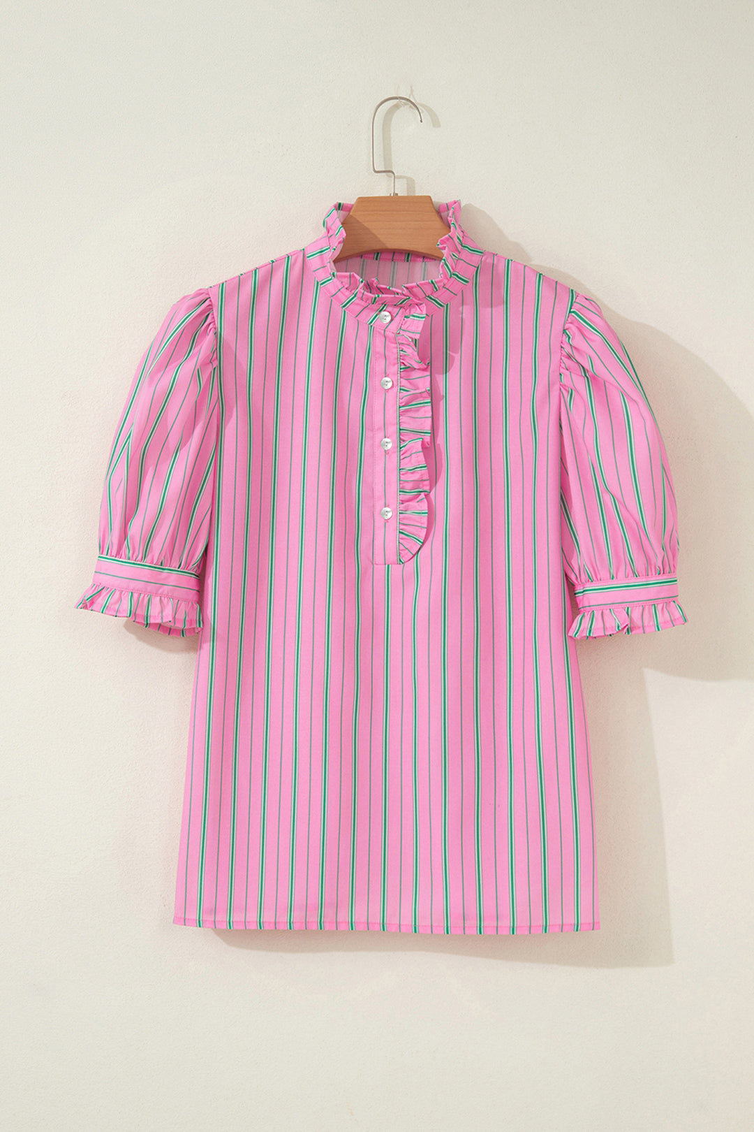 Pink Stripe Ruffle Trim Half Button Short Puff Sleeve Blouse
