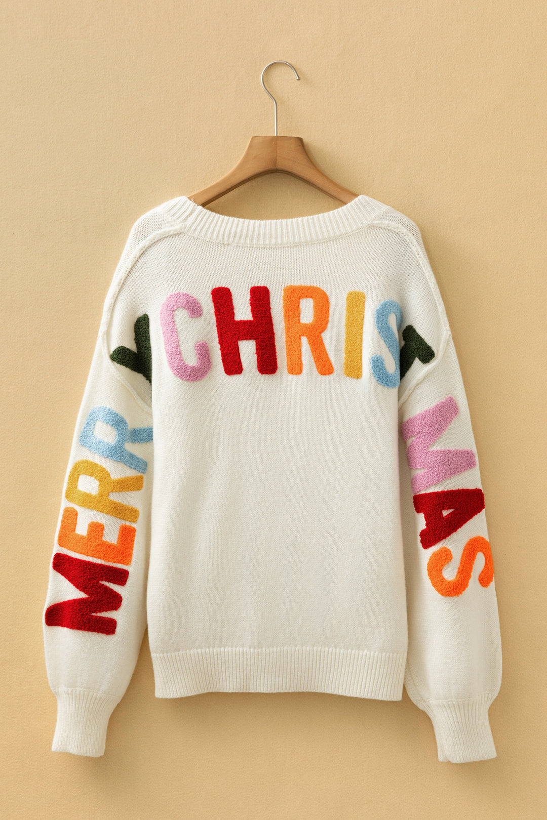White Ho Ho Ho Slogan Button Front Embroidered Knit Cardigan