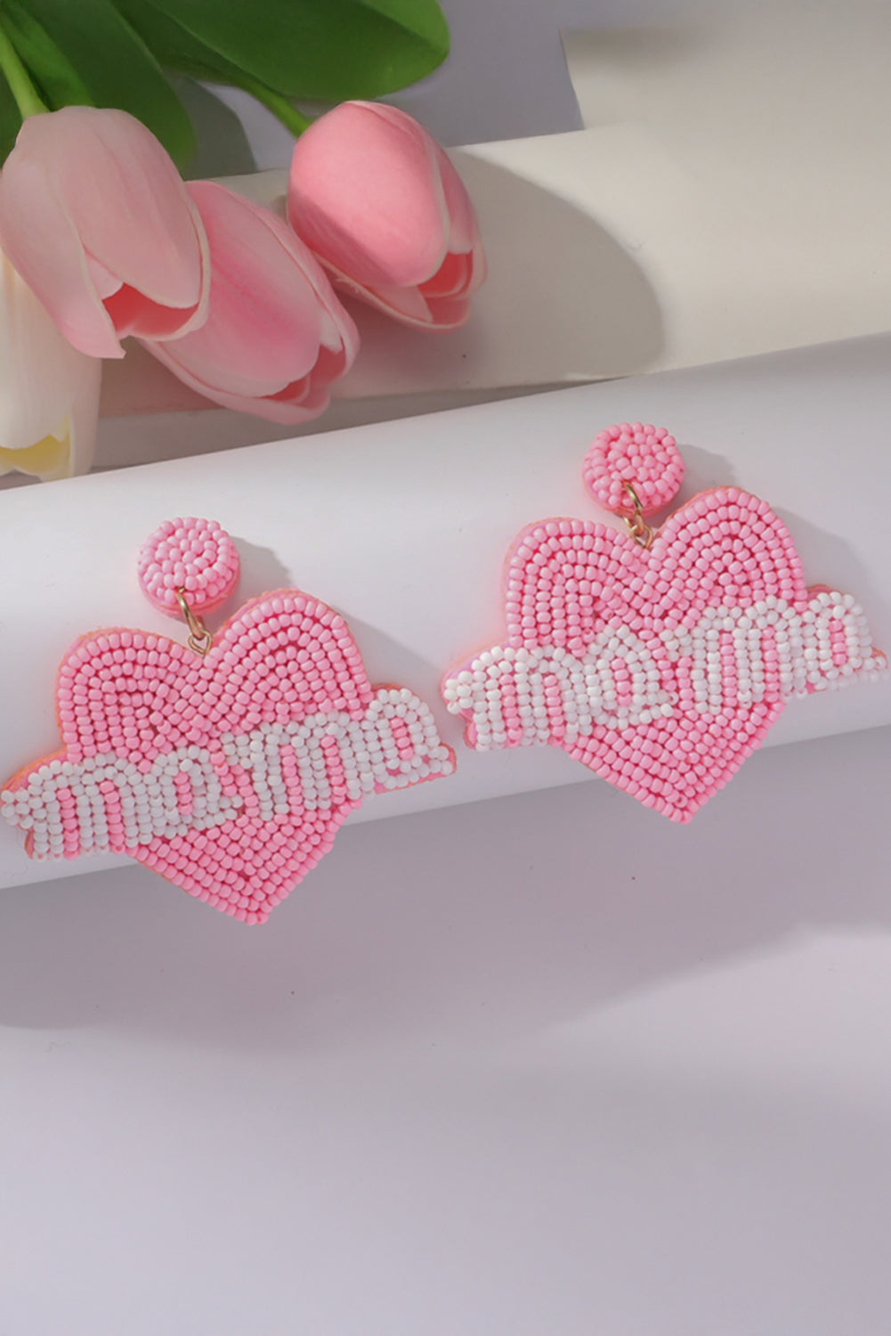 Mama Heart Shape Beaded Stud Earrings