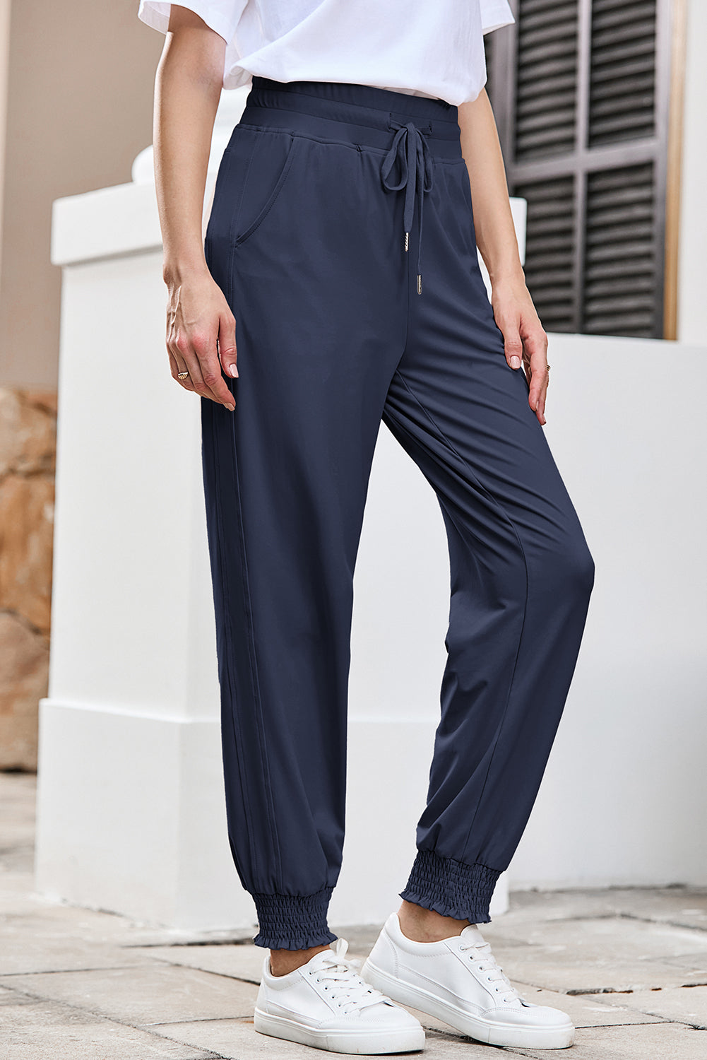Navy Blue Drawstring Elastic Waist Smocked Jogger Pants