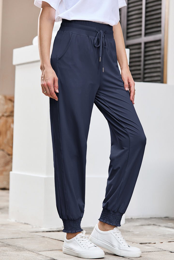 Navy Blue Drawstring Elastic Waist Smocked Jogger Pants