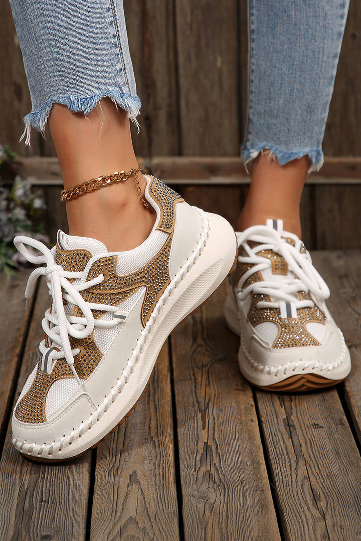 Rhinestone Embellished Color Block Patchwork Lace-up Breathable Sneakers