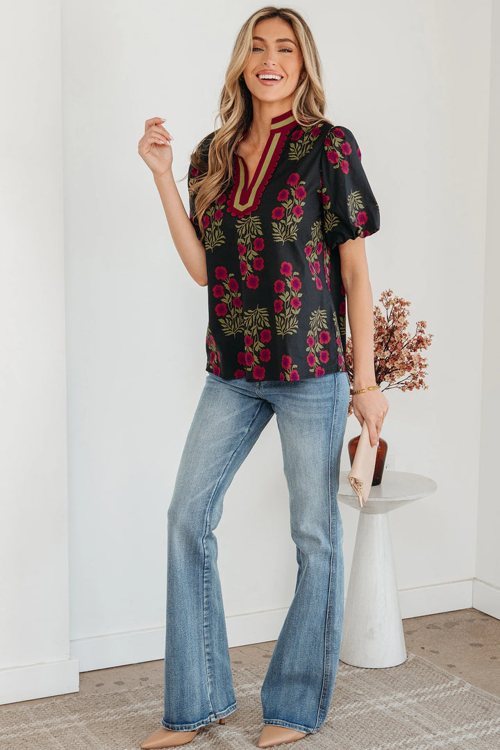 Floral Short Bubble Sleeve Contrast Slit Neckline Blouse