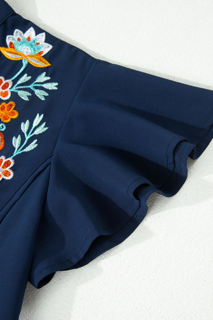 Dirty Blue V Neck Ruffled Sleeve Floral Embroidered Detail Babydoll Blouse