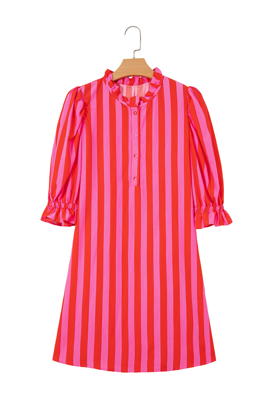 Red Stripe Half Button Puff Sleeve Loose Mini Dress