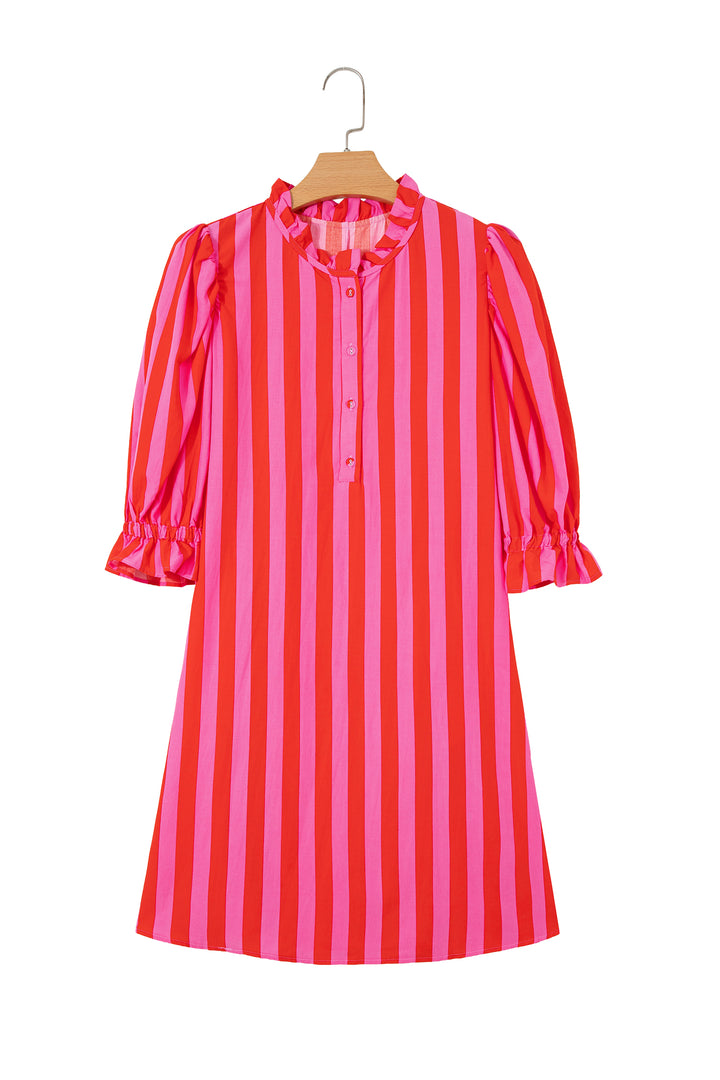 Red Stripe Half Button Puff Sleeve Loose Mini Dress