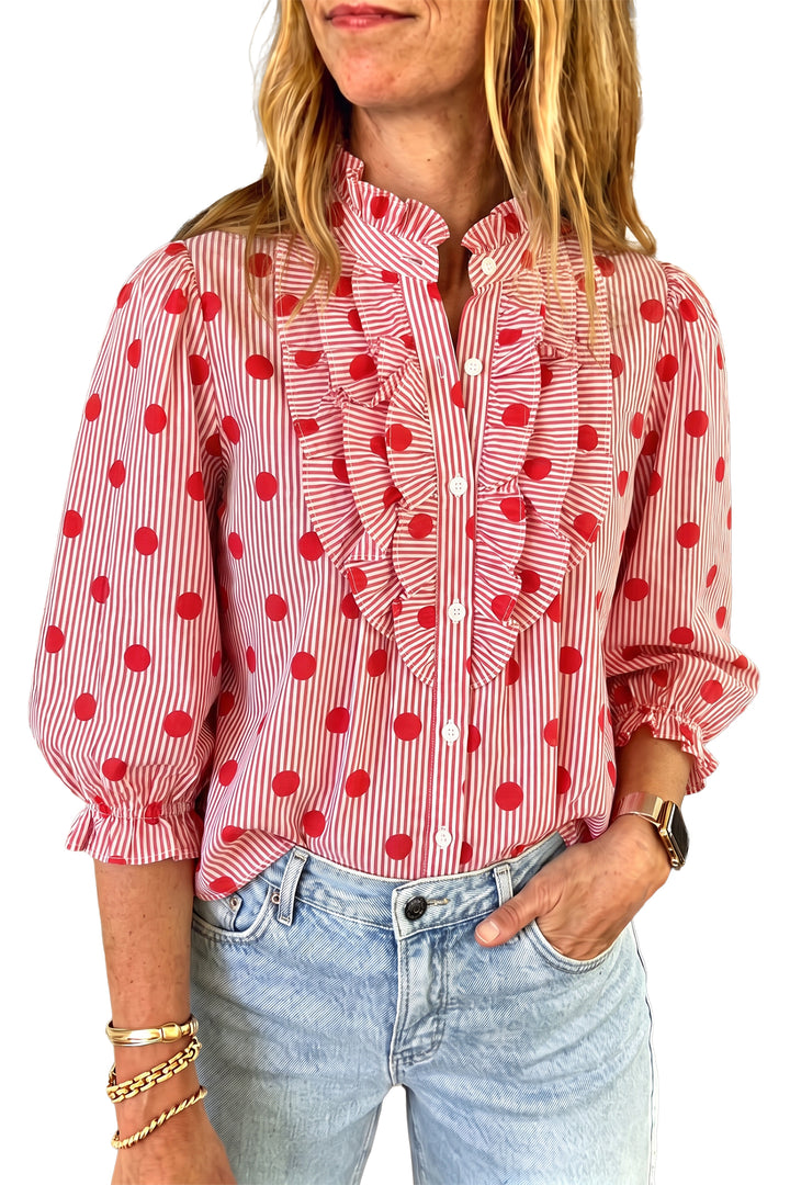 Fiery Red Polka Dot Striped Print Ruffle Stand Neck Shift Shirt