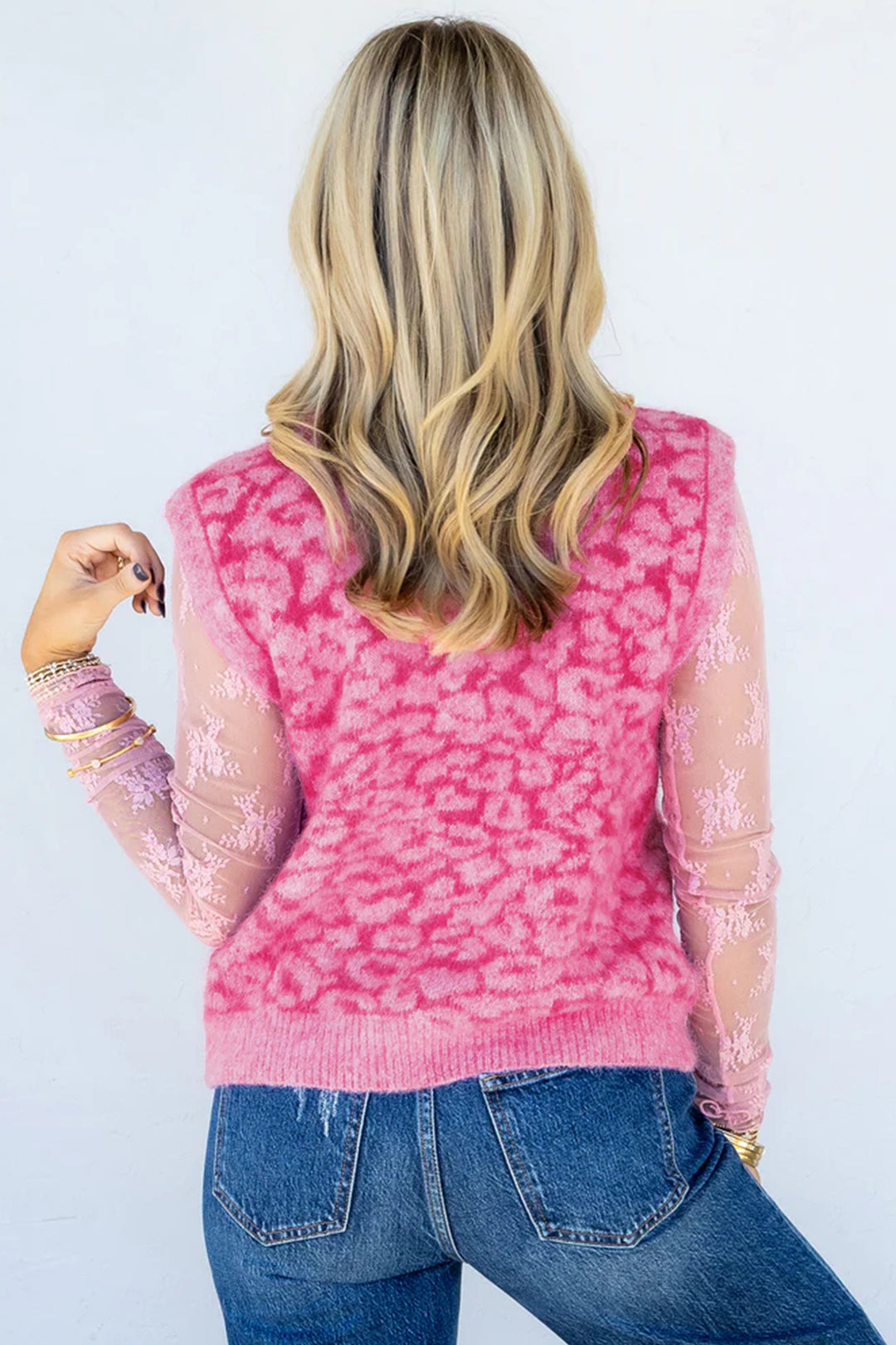New Pink Leopard Print Knit Sleeveless Regular Wash Sweater Vest