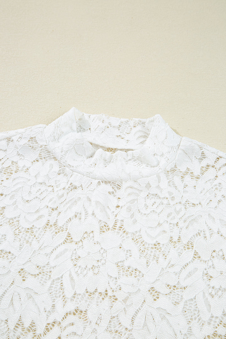 Lace Crochet Bell Sleeve Mock Neck Blouse