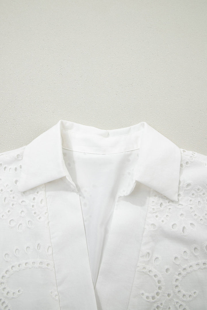 White Solid Color Eyelet Embroidered T Shirt Mini Dress