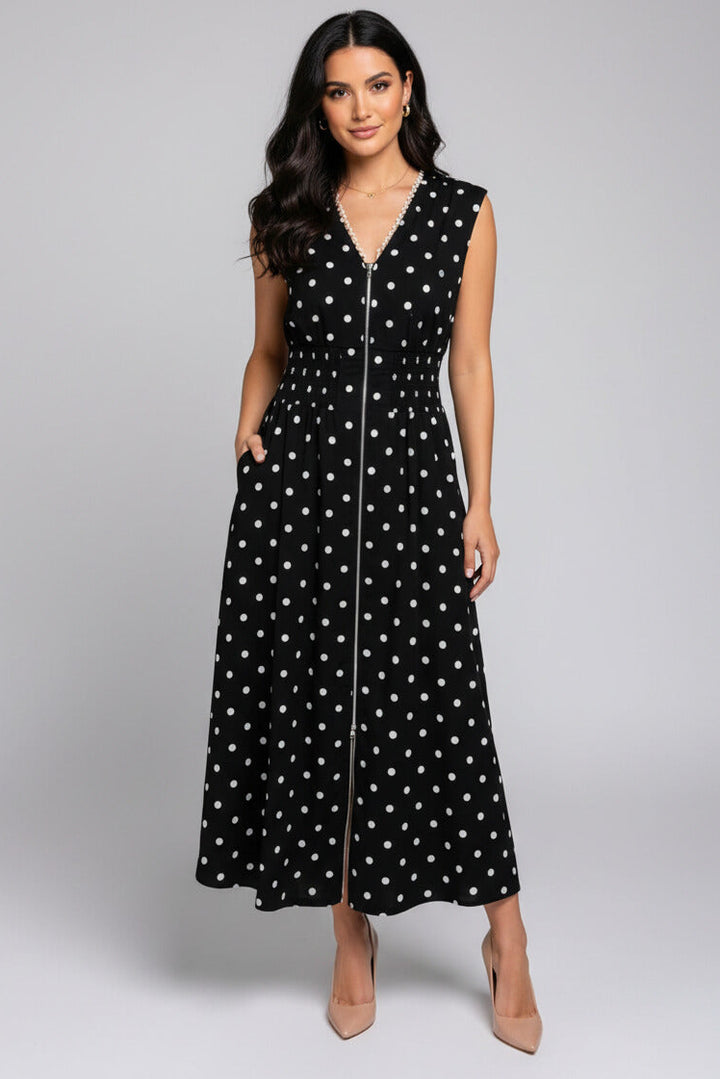 Black Polka Dot Print Contrast Trim Zip Up Sleeveless Dress