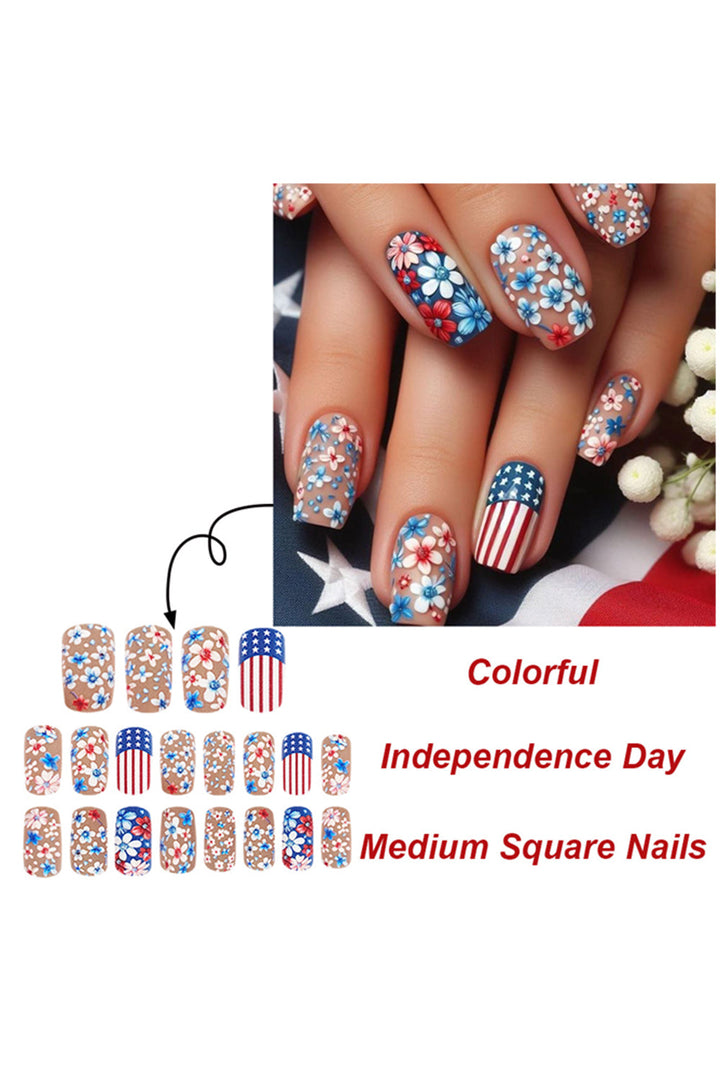 American Flag Flower Print Square False Nails