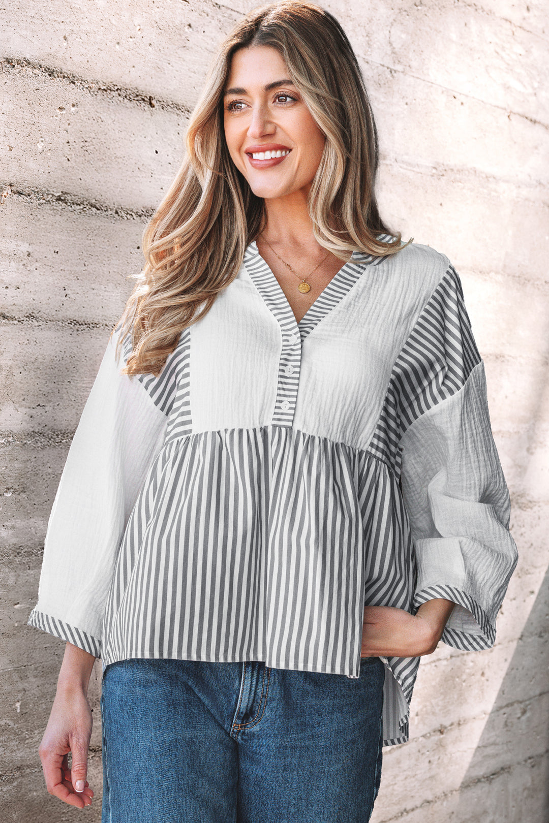 Half Button Gauze Patchwork Bracelet Sleeve Babydoll Blouse