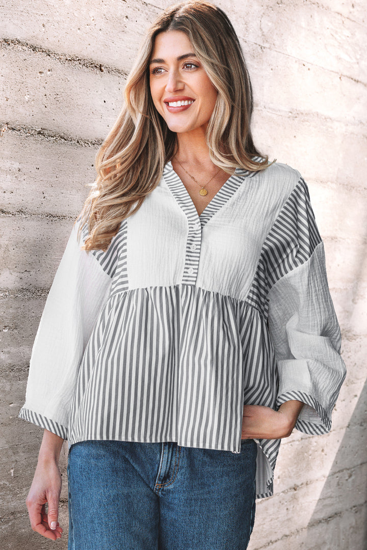 Half Button Gauze Patchwork Bracelet Sleeve Babydoll Blouse