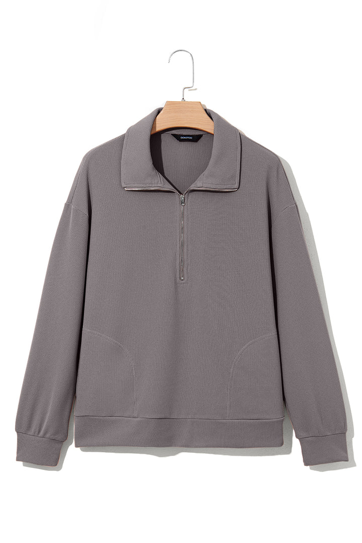 Gray Waffle Texture Collar Half Zip Pocketed Drop Shoulder Sweatshirt