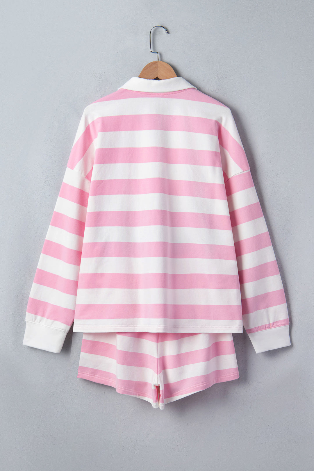 Pink Stripe Patchwork Zipper Pullover Elastic Waist Shorts 2pcs Set