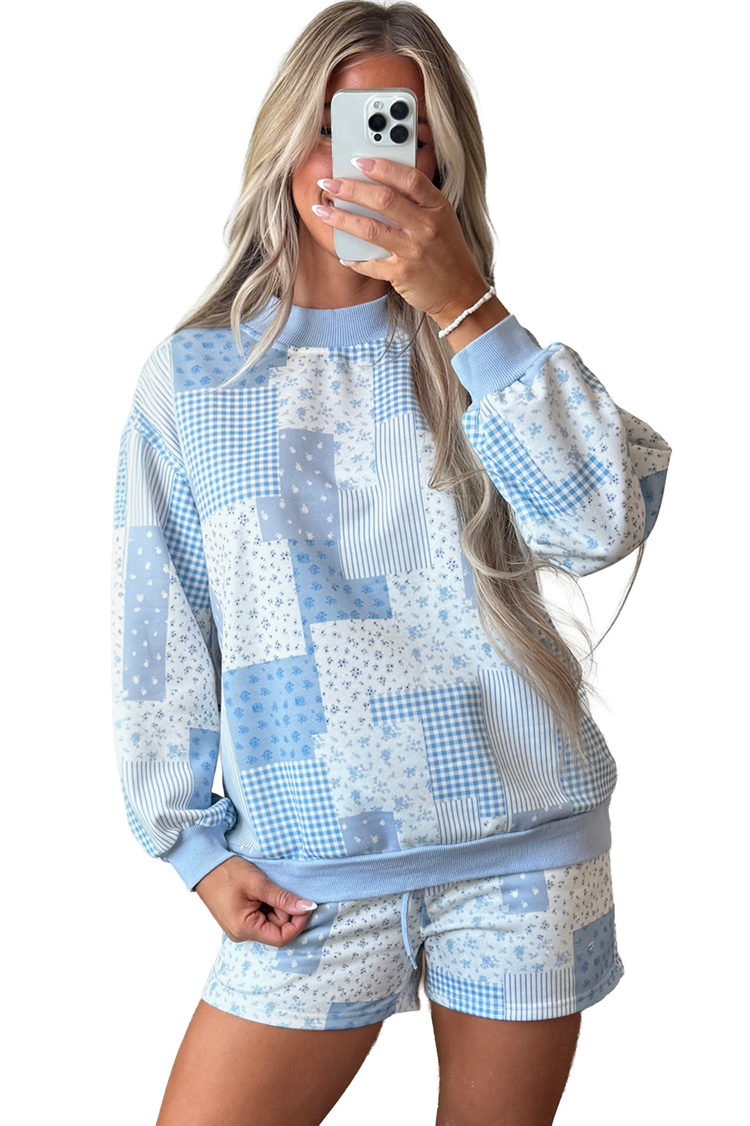 Sky Blue Patchwork Floral Print Drop Shoulder Baggy Pullover Drawstring Shorts Set