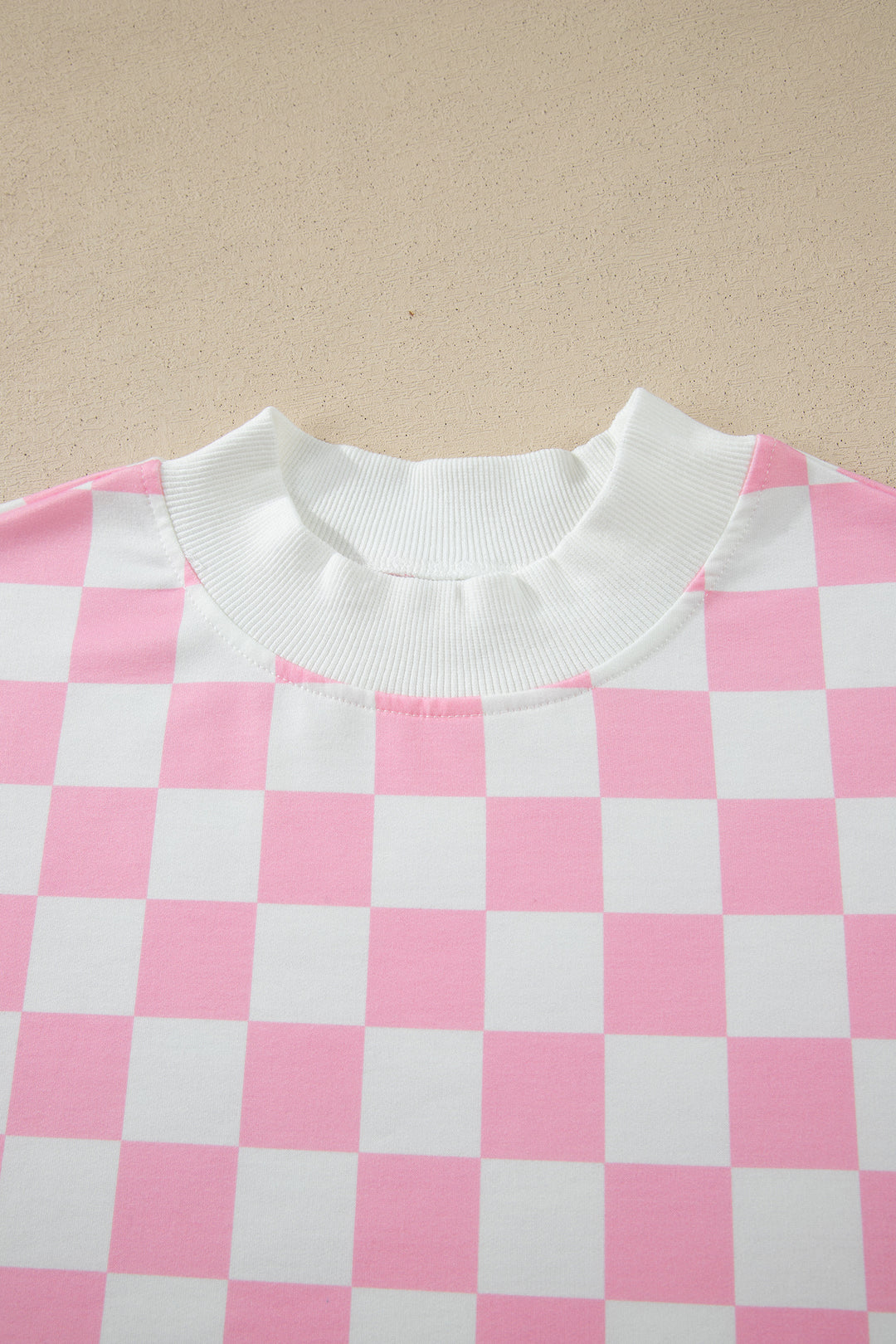 Pink Checkered Print Color Block Trim Mock Neck Short Set